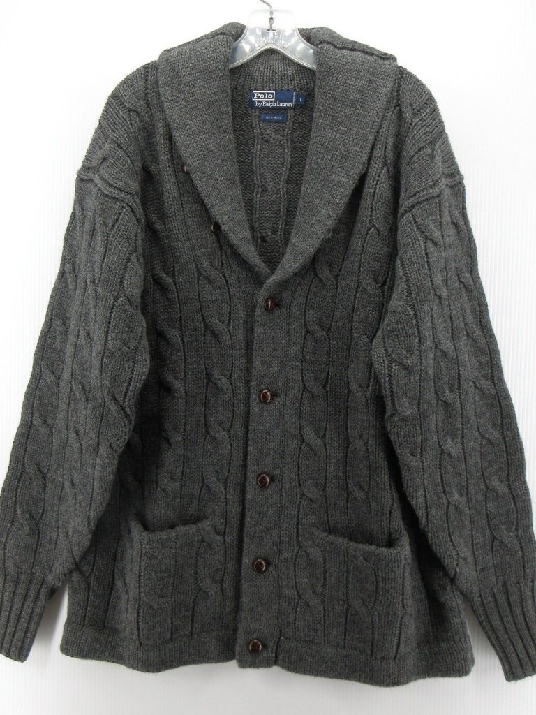Vgt Polo Ralph Lauren Sweater Large Shawl Wool Cardigan Cable Heavy 90s